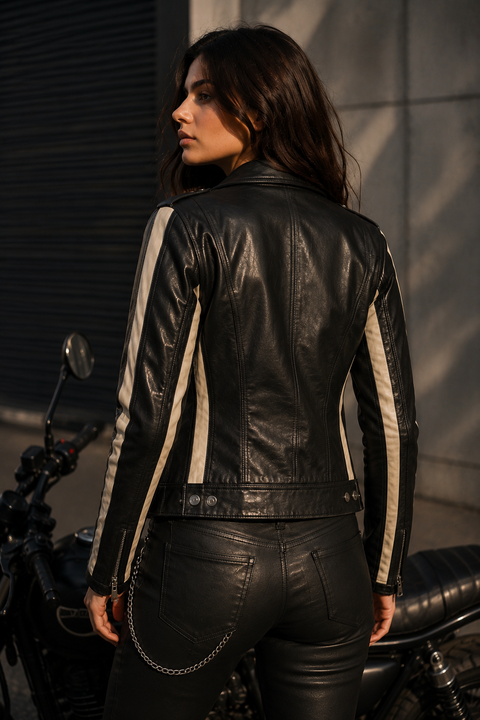 Contrast Stripe Washed Leather Biker Jacket