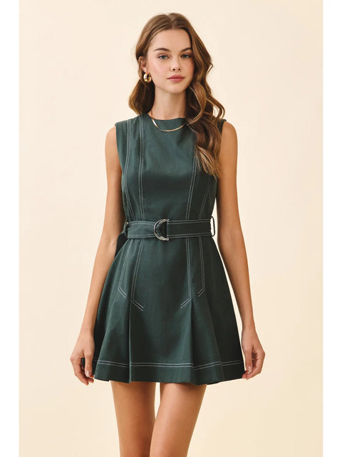 Contrast Topstitching Front Pleats Detail Dress