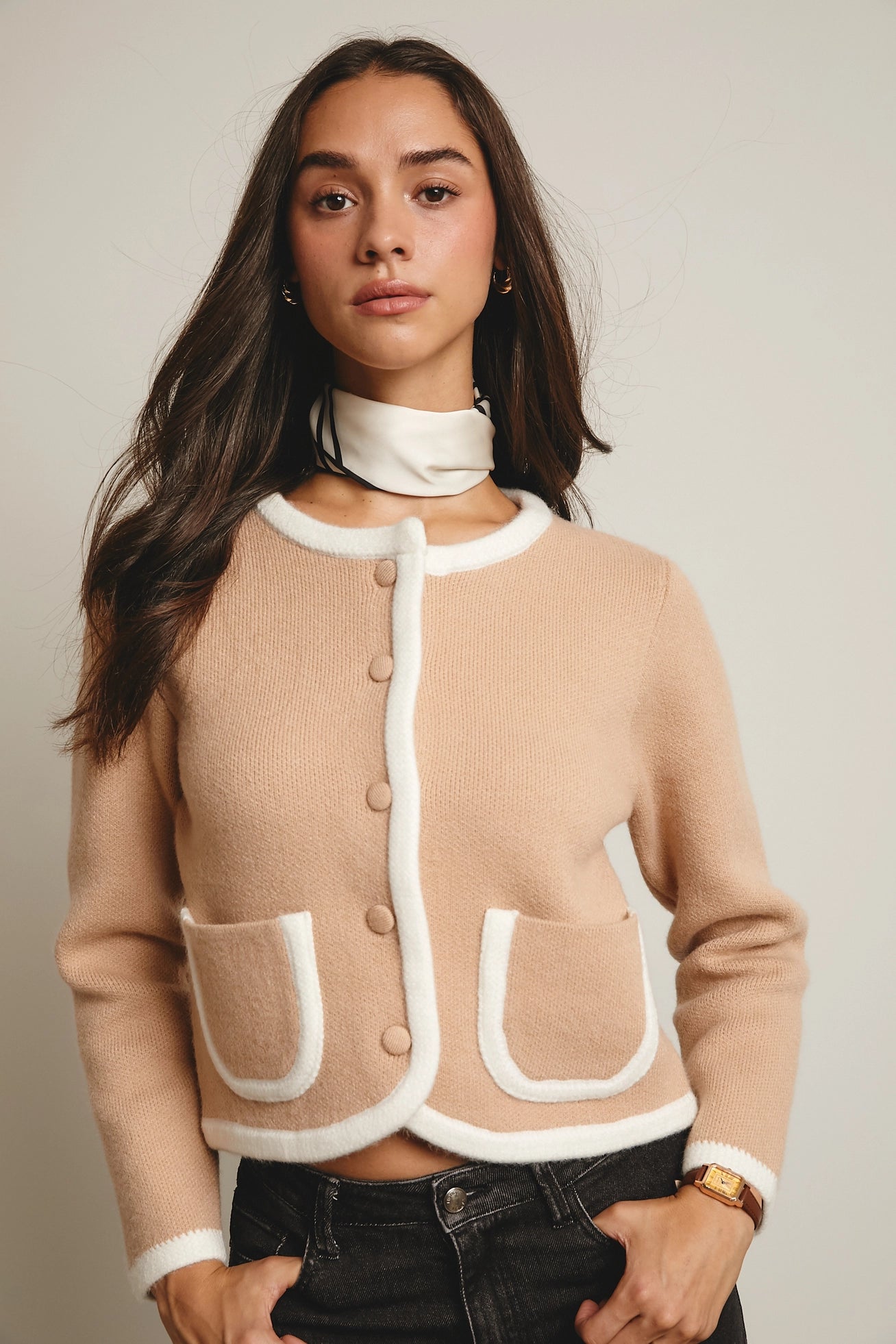 Contrast Trim Cropped Knit Cardigan in Beige