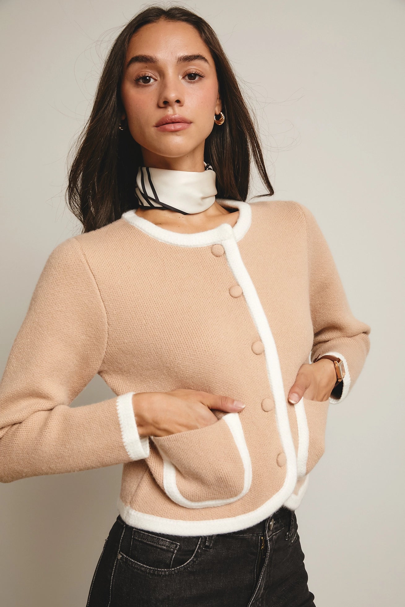 Contrast Trim Cropped Knit Cardigan in Beige