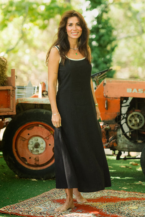 Contrast Trim Fit & Flare Linen Midi Dress
