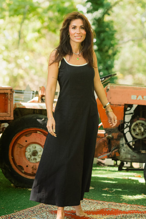 Contrast Trim Fit & Flare Linen Midi Dress