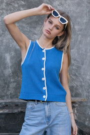 Contrast Trim Knit Button Vest in Blue