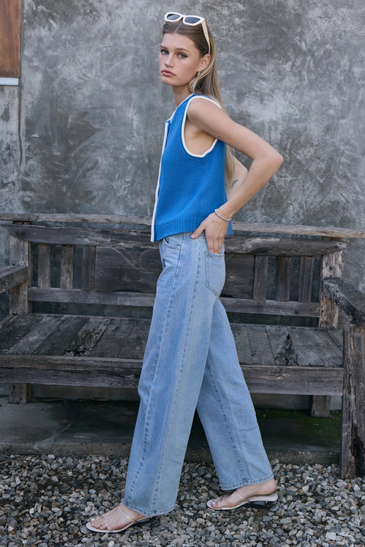 Contrast Trim Knit Button Vest in Blue