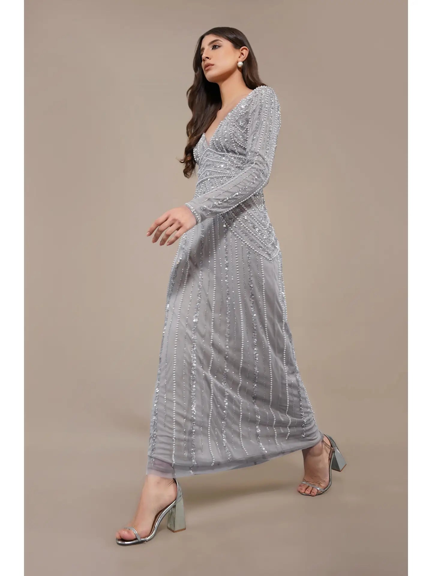 Cordelia Embellished Maxi Dress in Light Grey