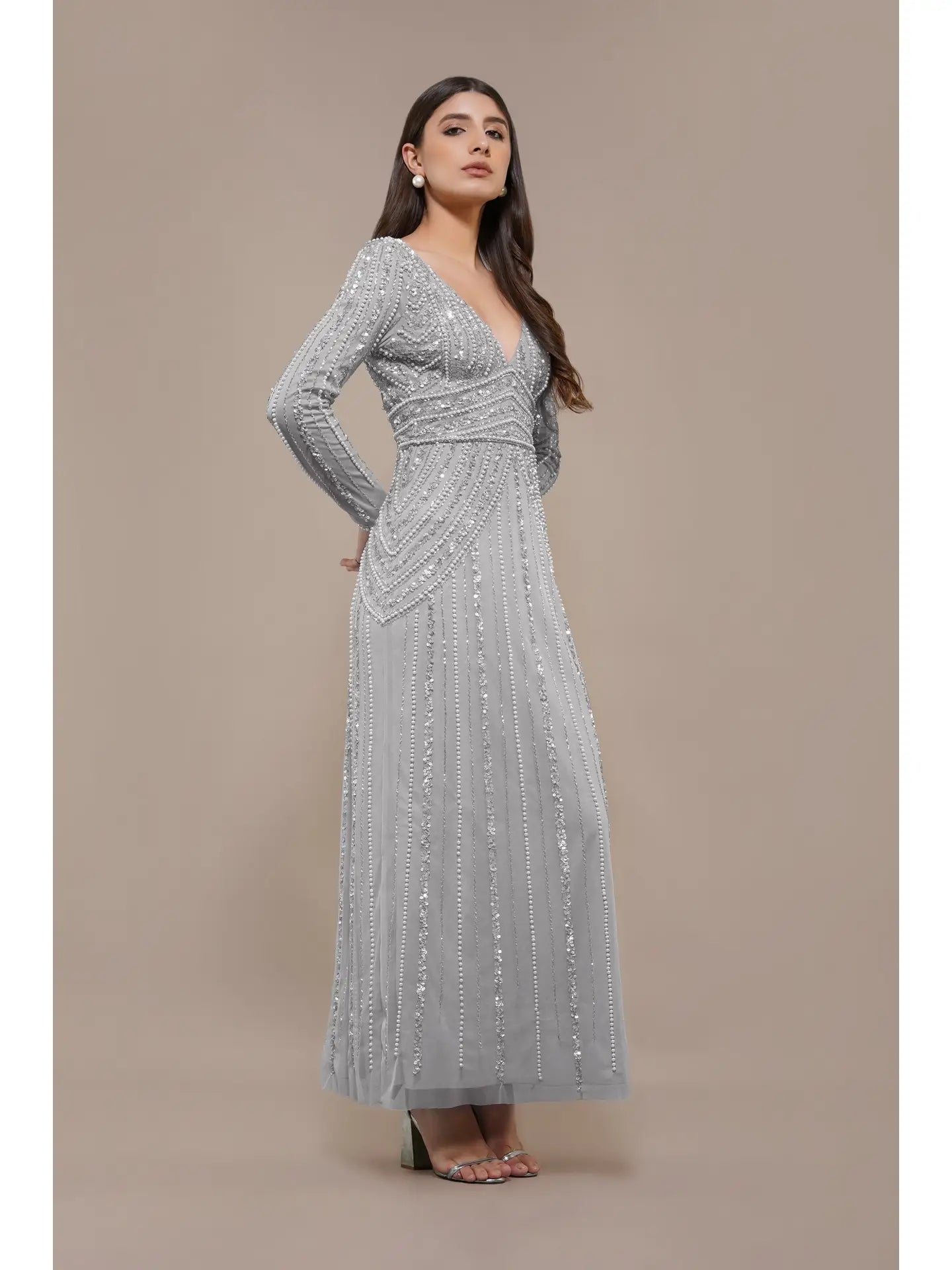 Cordelia Embellished Maxi Dress in Light Grey
