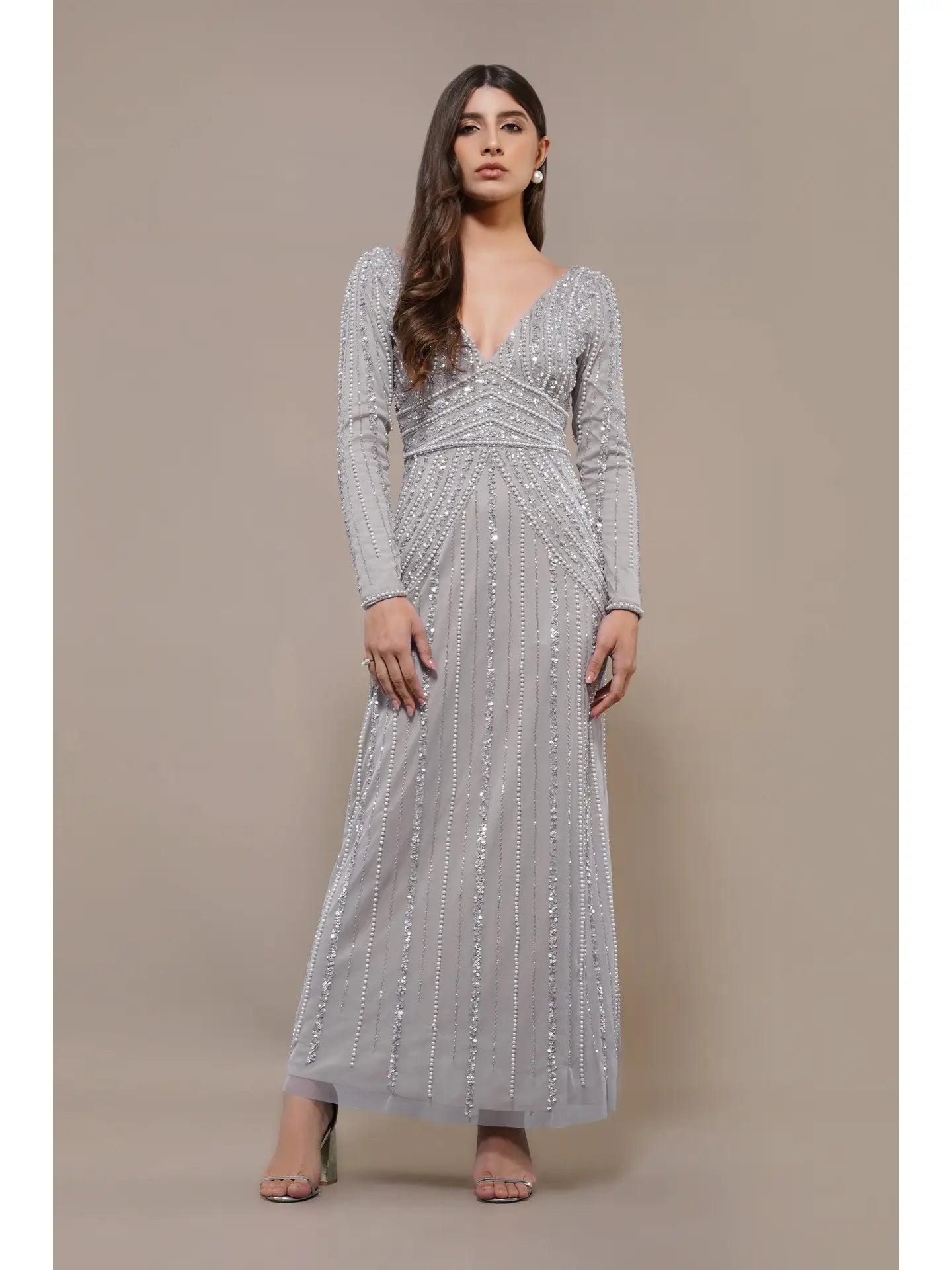 Cordelia Embellished Maxi Dress in Light Grey