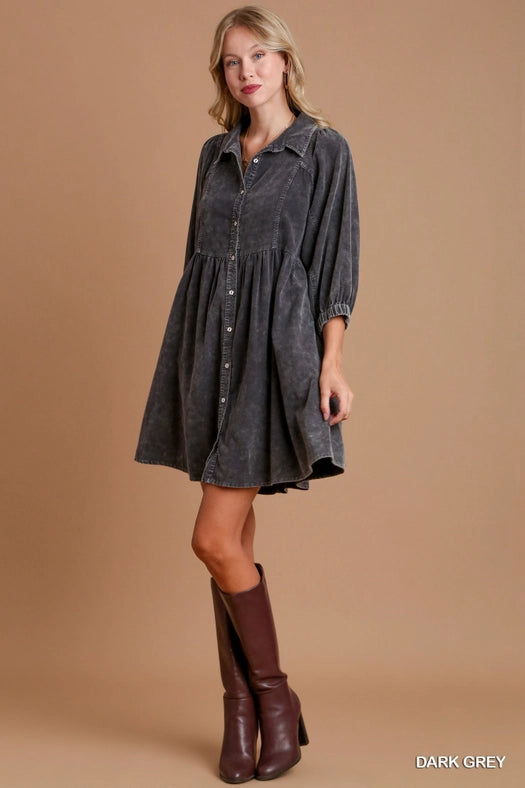 Corduroy Button Down Dress DARK GREY-Dress-Pink Irene Wholesale-S-DARK GREY-Urbanheer
