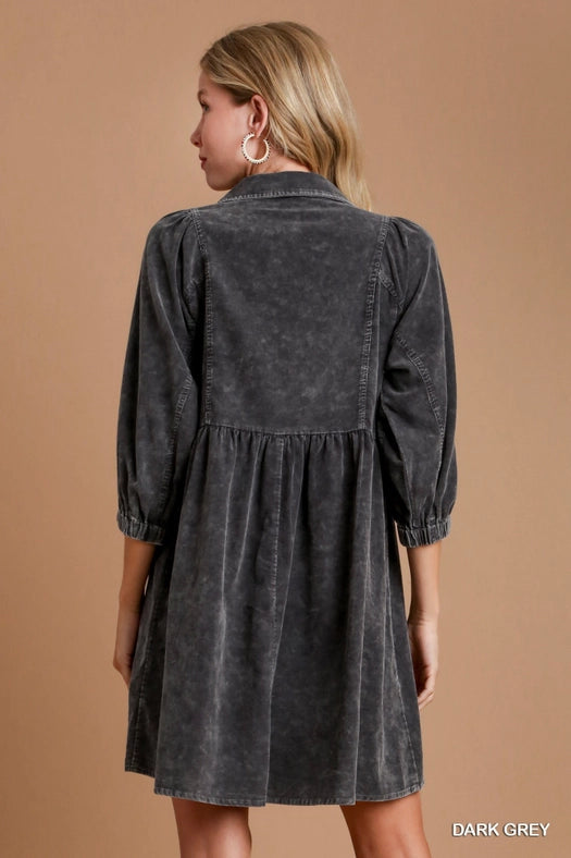 Corduroy Button Down Dress DARK GREY-Dress-Pink Irene Wholesale-S-DARK GREY-Urbanheer
