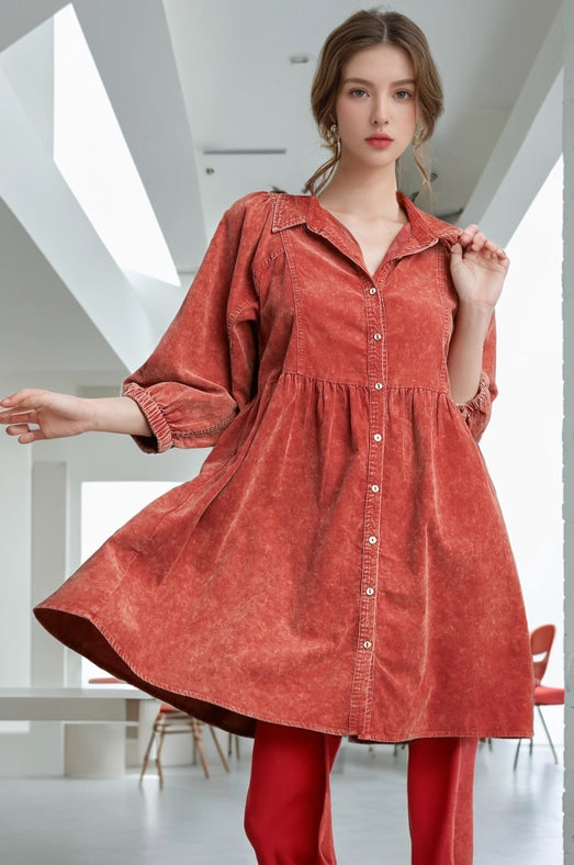 Corduroy Button Down Dress RUST-Dress-Pink Irene Wholesale-S-RUST-Urbanheer