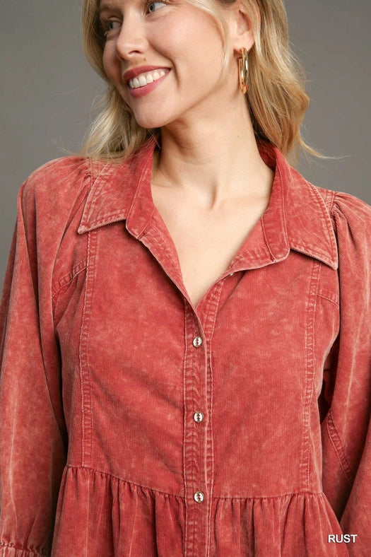 Corduroy Button Down Dress RUST-Dress-Pink Irene Wholesale-S-RUST-Urbanheer