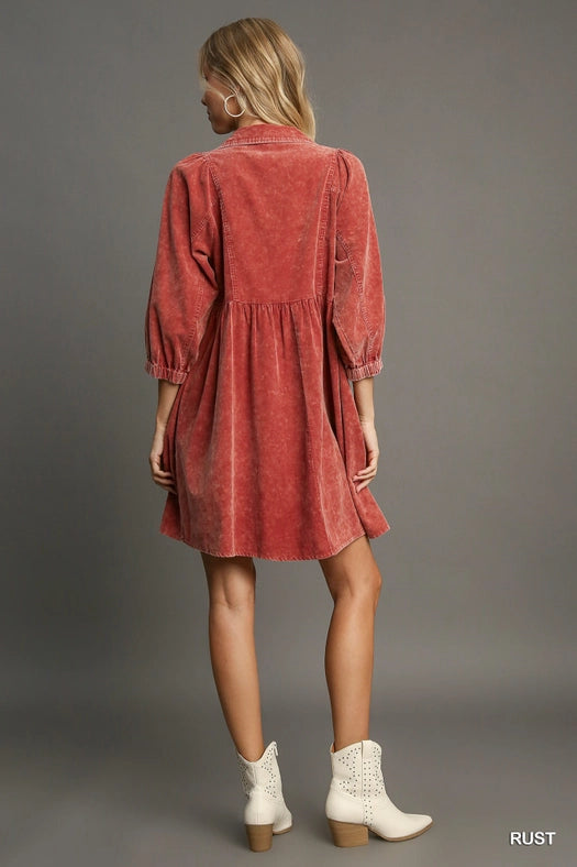 Corduroy Button Down Dress RUST-Dress-Pink Irene Wholesale-S-RUST-Urbanheer