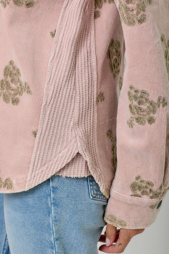 Corduroy Embroidery Jacket-Jacket-Mystree-S-Washed Almond-Urbanheer