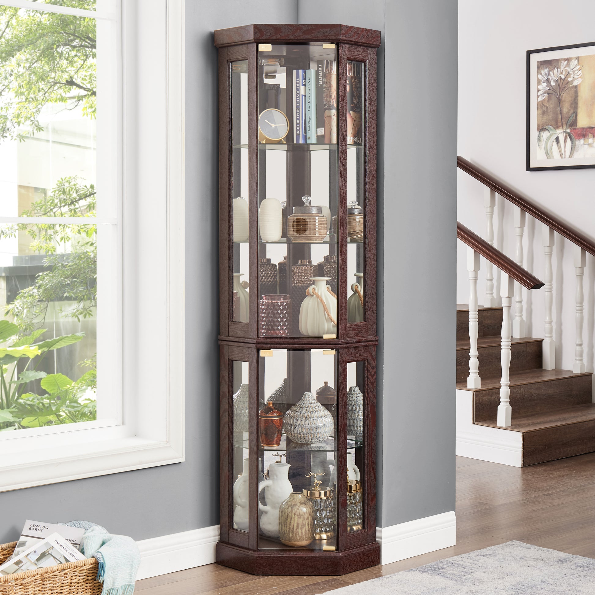 Corner Glass Cabinet Lighted Curio Cabinet Corner Display Case for Living Room, Curio Cabinet,-UH Decor-Default-Urbanheer