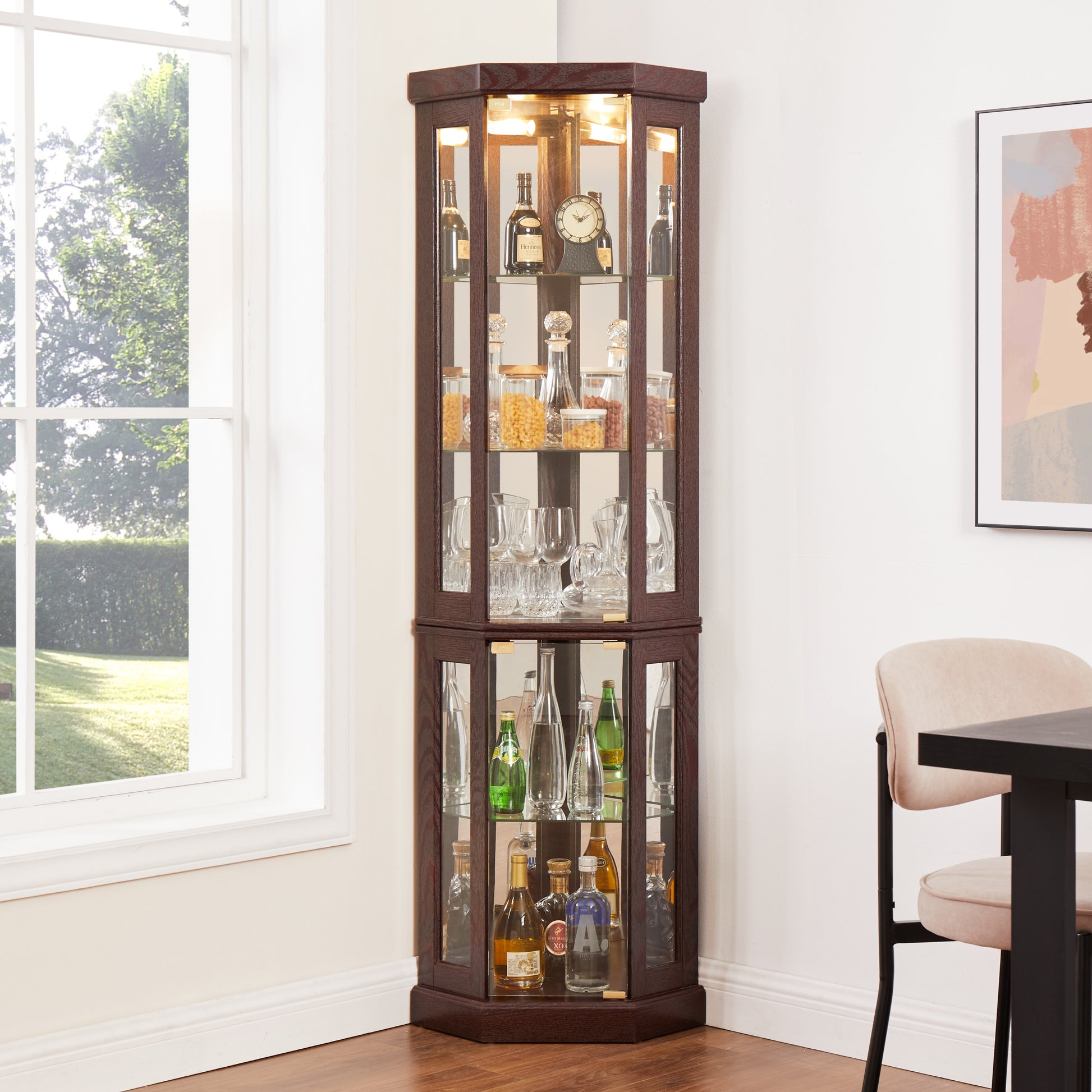 Corner Glass Cabinet Lighted Curio Cabinet Corner Display Case for Living Room, Curio Cabinet,-UH Decor-Default-Urbanheer
