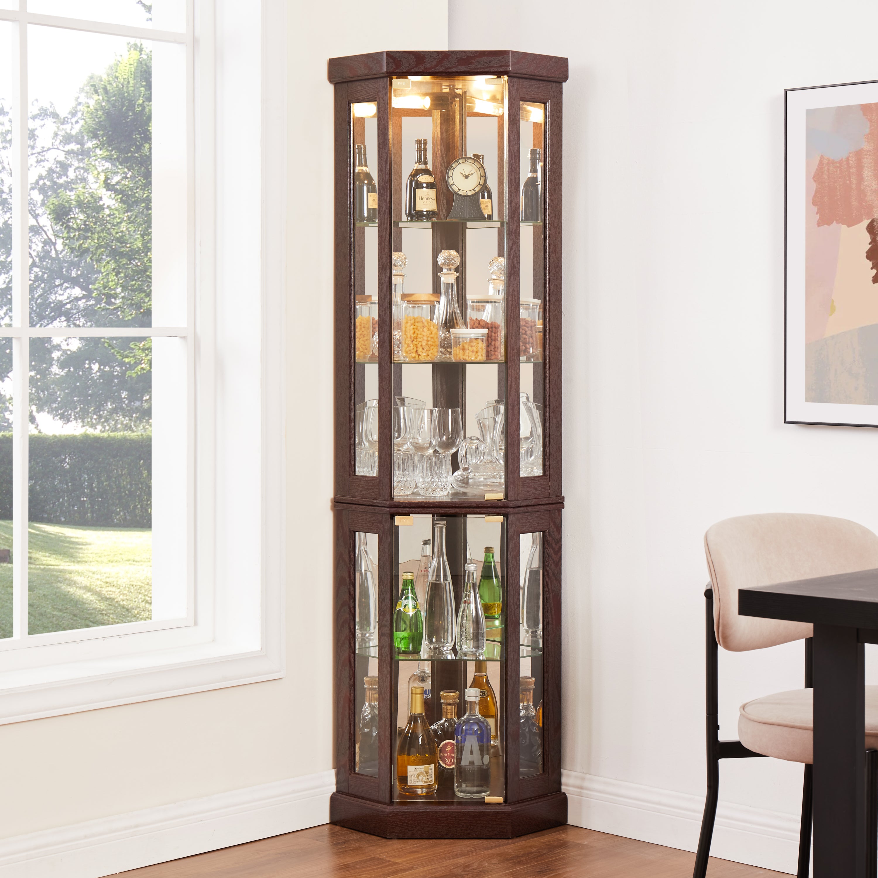 Corner Glass Cabinet Lighted Curio Cabinet Corner Display Case for Living Room, Curio Cabinet,-UH Decor-Default-Urbanheer
