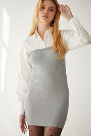 Corset Bodycon Rib Sweater Shirt Dress-Dress-idem ditto-S-Off White Grey-Urbanheer
