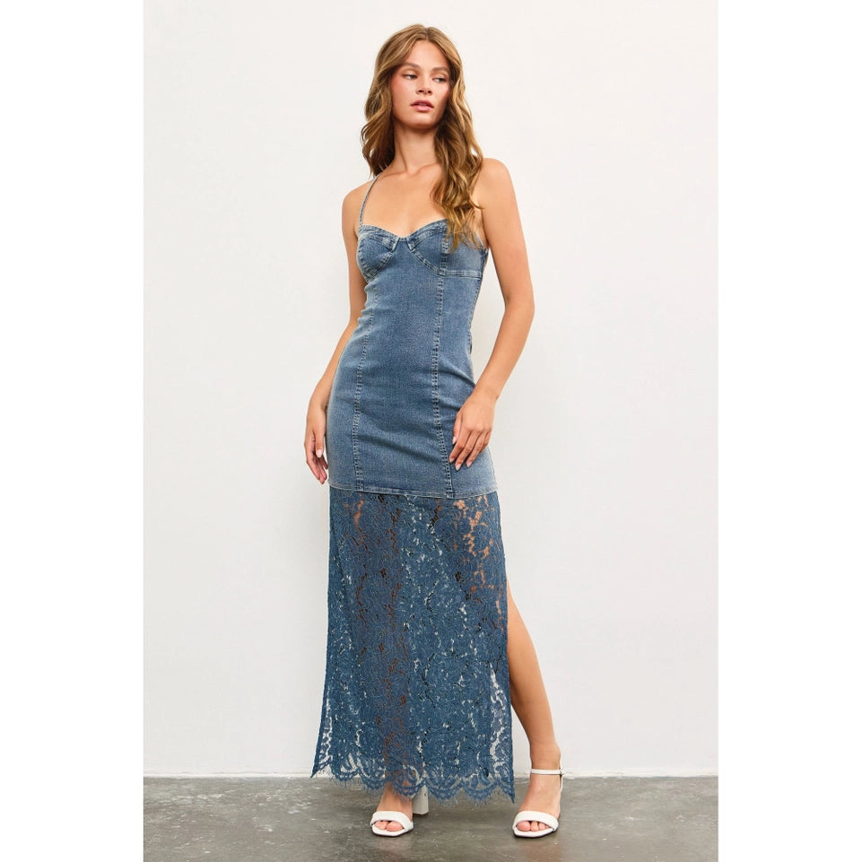 Corset Detailed Lace Panel Denim Maxi Strap Dress-Dress-Apolline-S-WASHED DENIM-Urbanheer