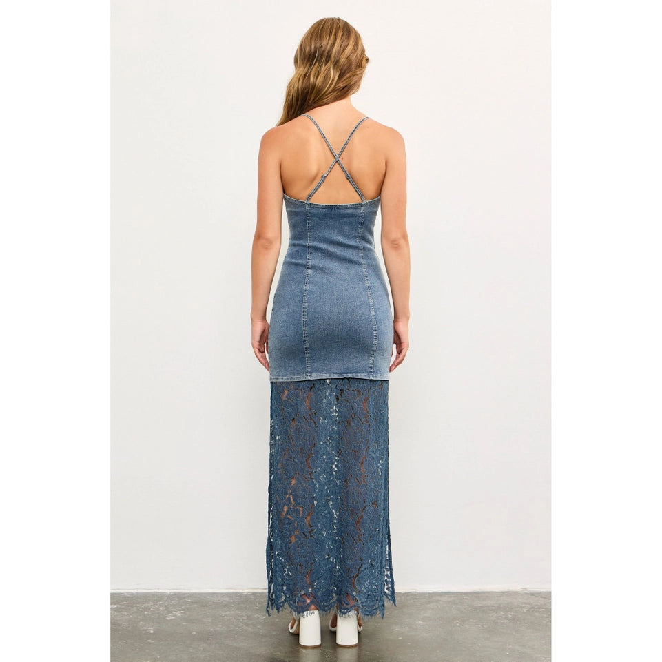 Corset Detailed Lace Panel Denim Maxi Strap Dress-Dress-Apolline-S-WASHED DENIM-Urbanheer