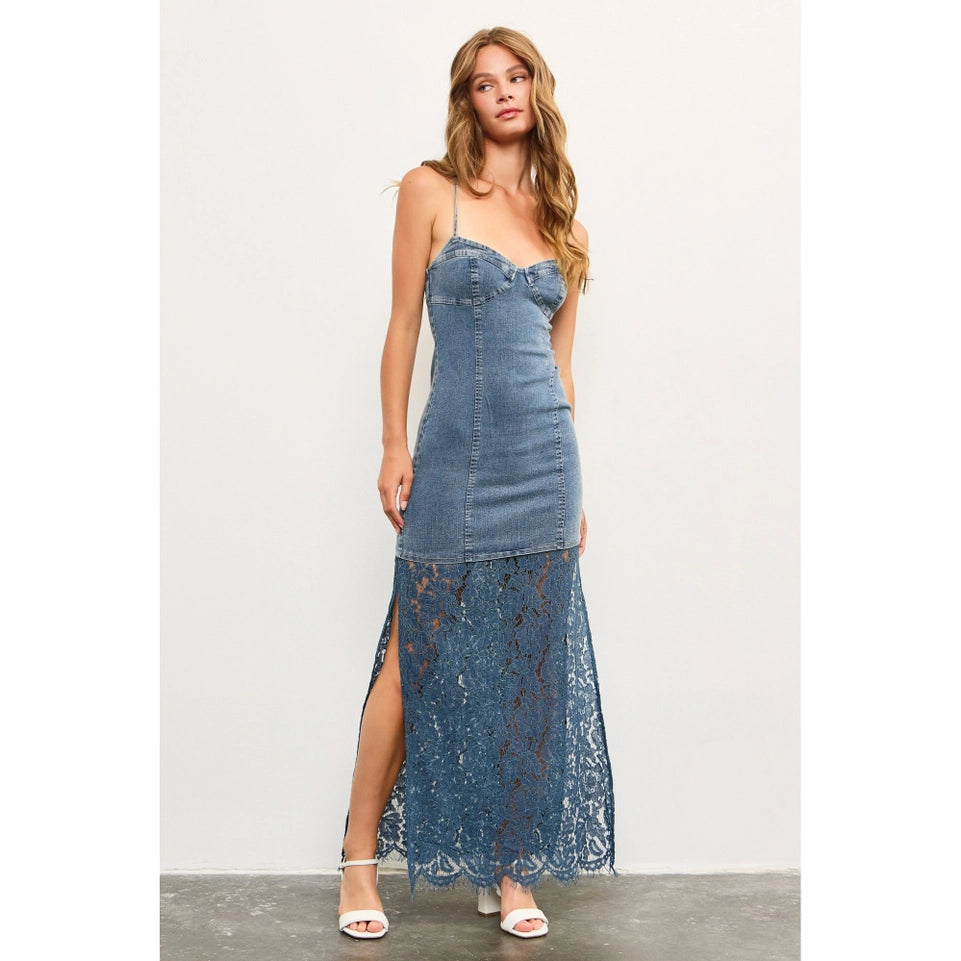 Corset Detailed Lace Panel Denim Maxi Strap Dress-Dress-Apolline-S-WASHED DENIM-Urbanheer