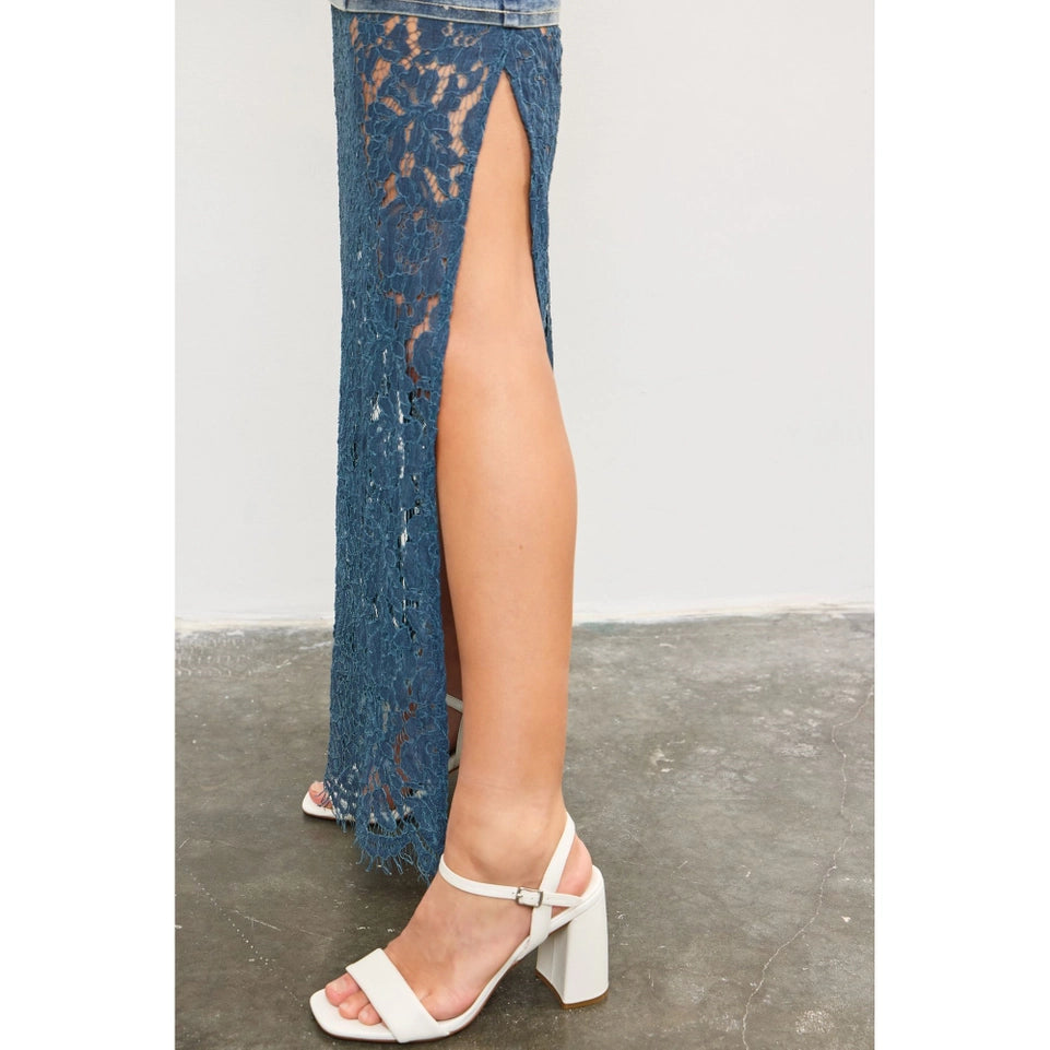 Corset Detailed Lace Panel Denim Maxi Strap Dress-Dress-Apolline-S-WASHED DENIM-Urbanheer