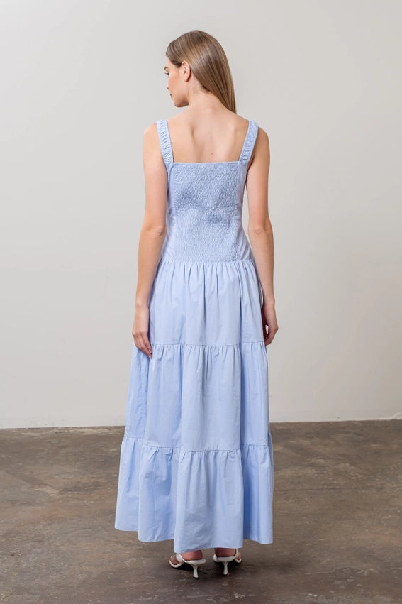 Corset Top Button Down Tiered Maxi Dress LIGHT BLUE-Dress-Moon River-XS-LIGHT BLUE-Urbanheer