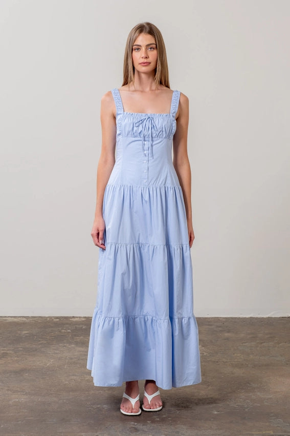 Corset Top Button Down Tiered Maxi Dress LIGHT BLUE-Dress-Moon River-XS-LIGHT BLUE-Urbanheer