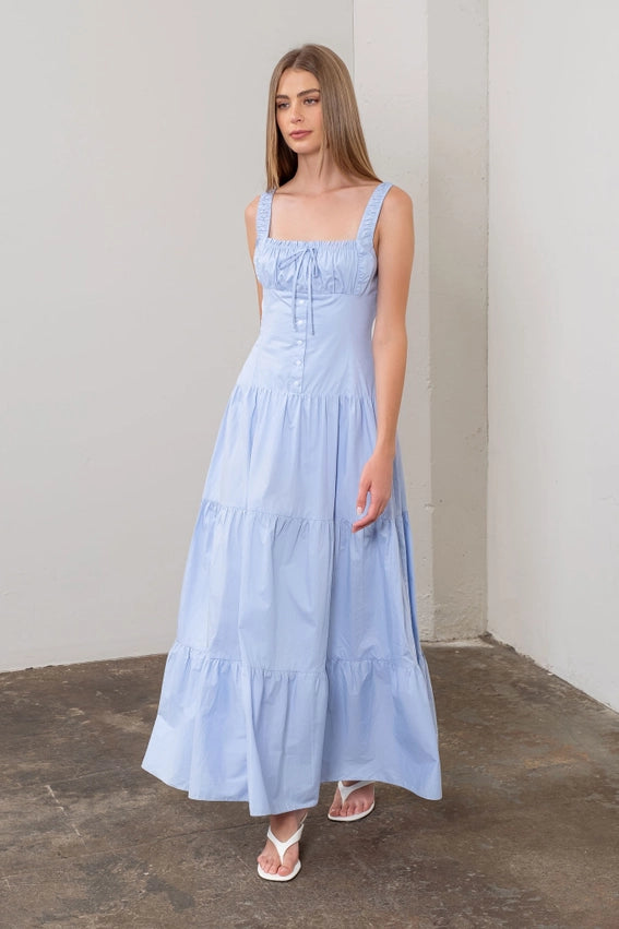 Corset Top Button Down Tiered Maxi Dress LIGHT BLUE-Dress-Moon River-XS-LIGHT BLUE-Urbanheer