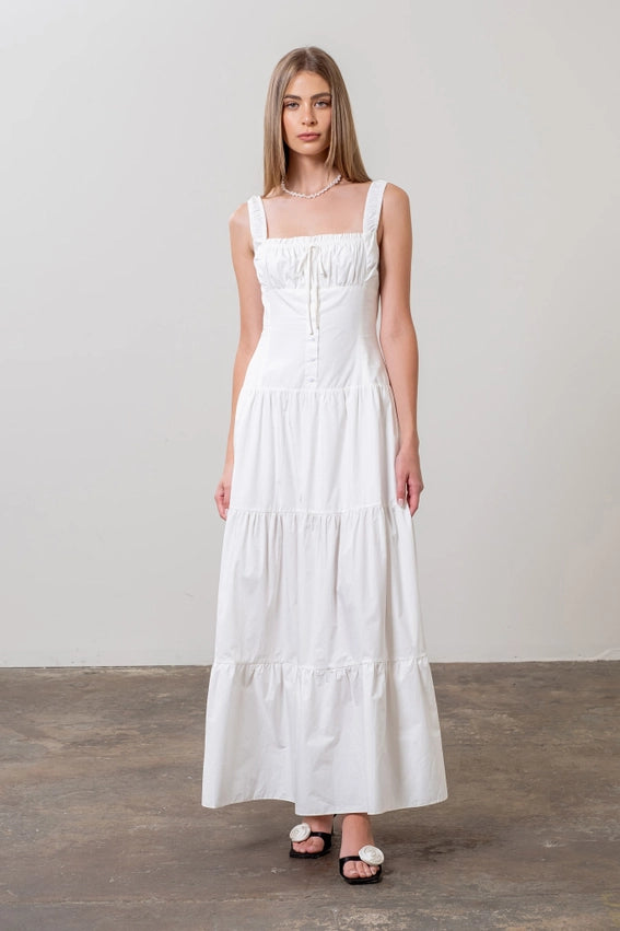 Corset Top Button Down Tiered Maxi Dress WHITE-Dress-Moon River-XS-WHITE-Urbanheer