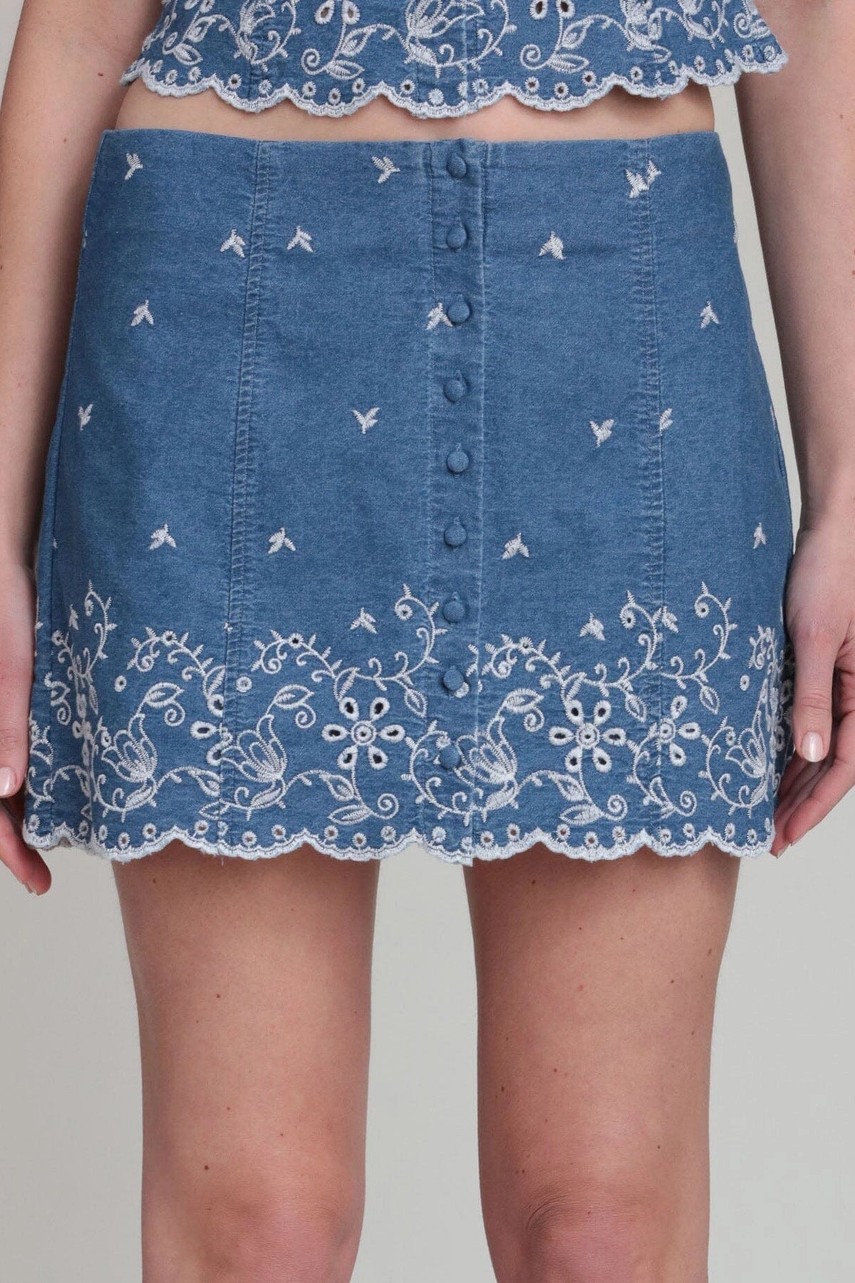 Cotton Chambray Embroidered Skirt