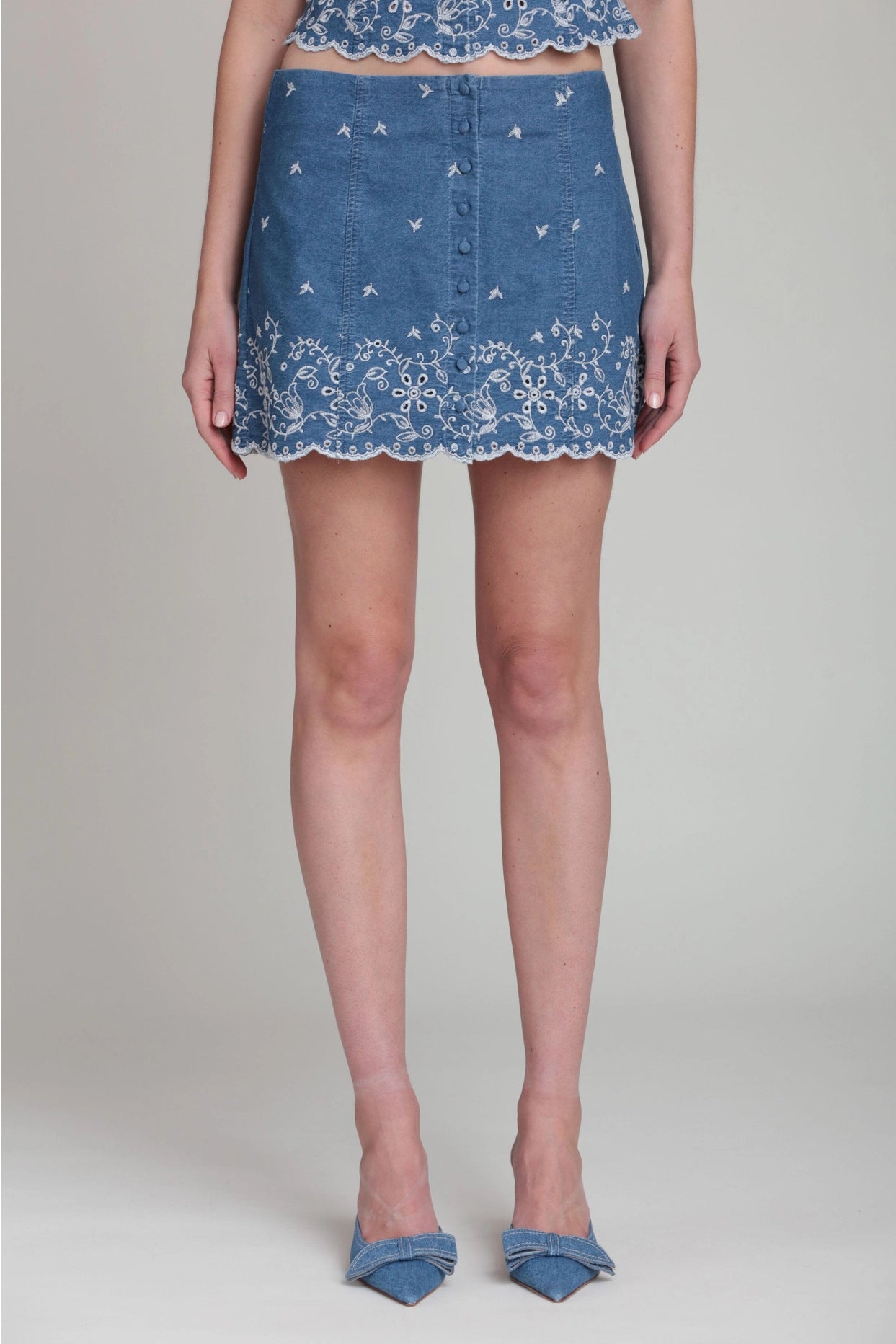Cotton Chambray Embroidered Skirt