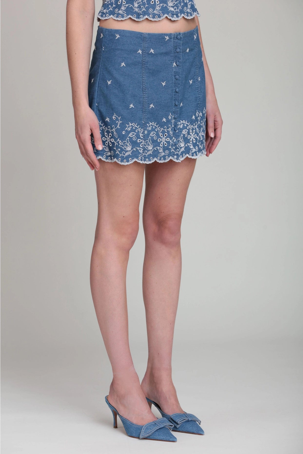 Cotton Chambray Embroidered Skirt