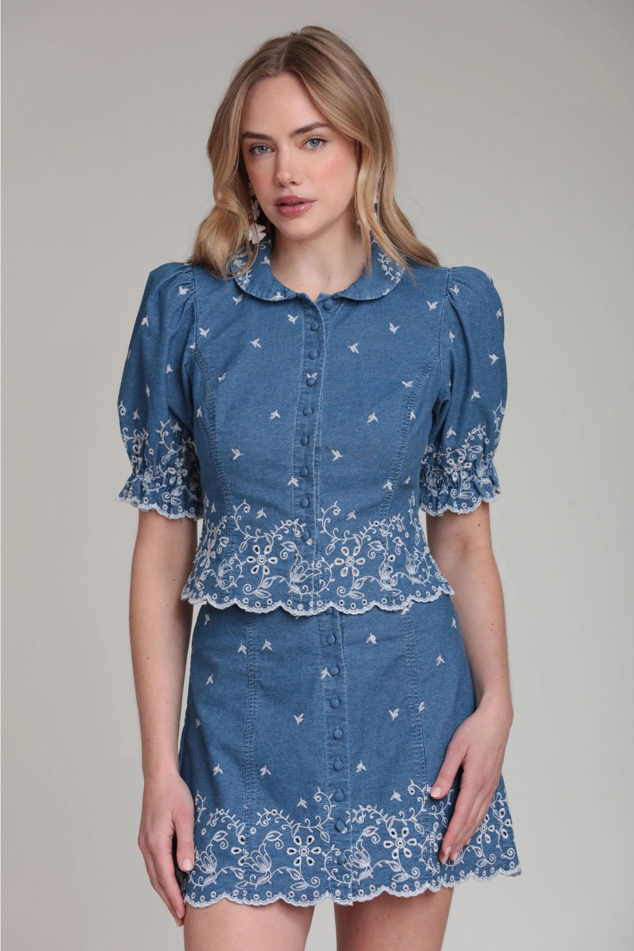Cotton Chambray Embroidered Top