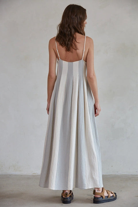 Cotton Gauze Striped Cami Pintuck Midi Dress-Dress-By Together-S-Cream Blue-Urbanheer