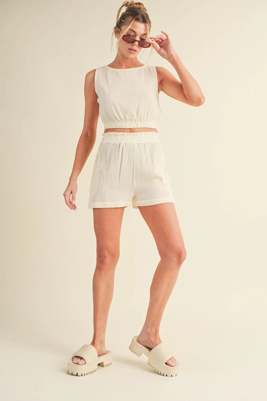 Cotton Gauze Tank Short Set Cream-Set-KIMBERLY C-S-Urbanheer