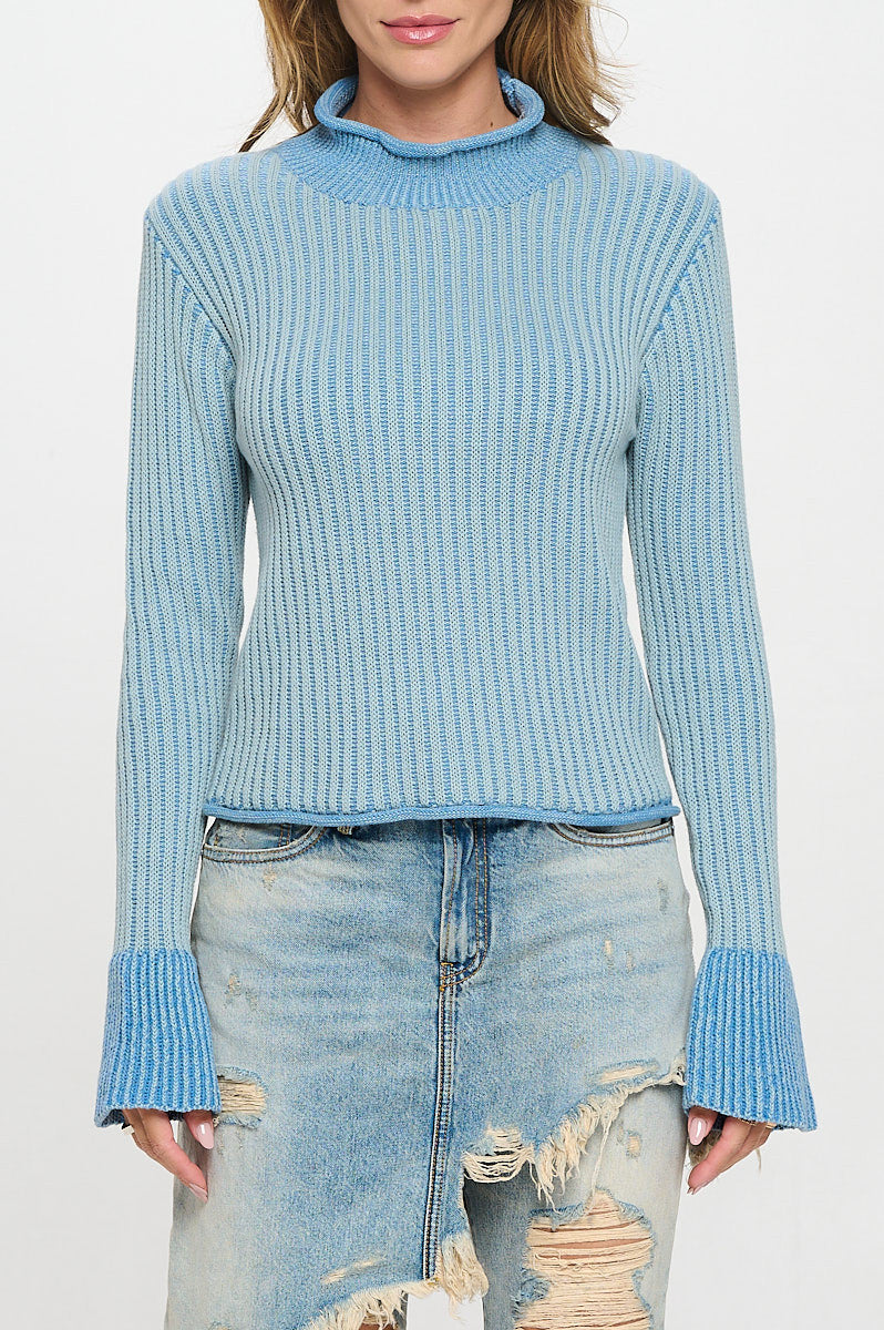 Cotton Knit Mock Neck Sweater with Colorblock Sleeve Detail-New Arrival-Reneecollection-Small-DENIM BLUE-Urbanheer