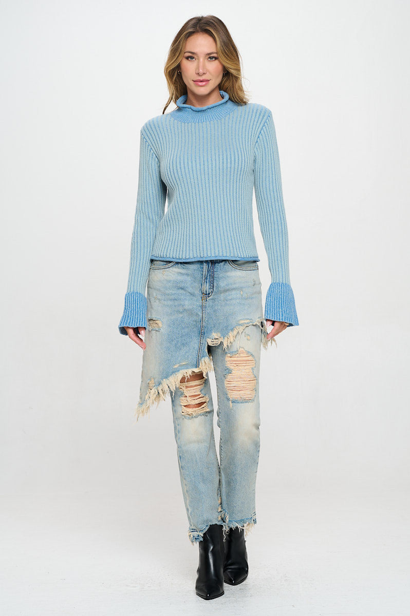 Cotton Knit Mock Neck Sweater with Colorblock Sleeve Detail-New Arrival-Reneecollection-Small-DENIM BLUE-Urbanheer