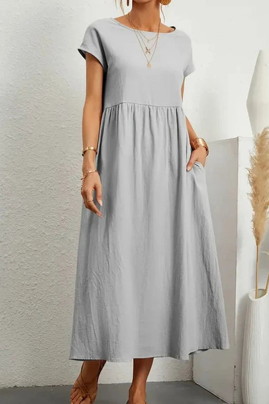 Cotton Linen Solid Short Sleeve Midi Dress Grey-Dress-Pertify-S-Urbanheer