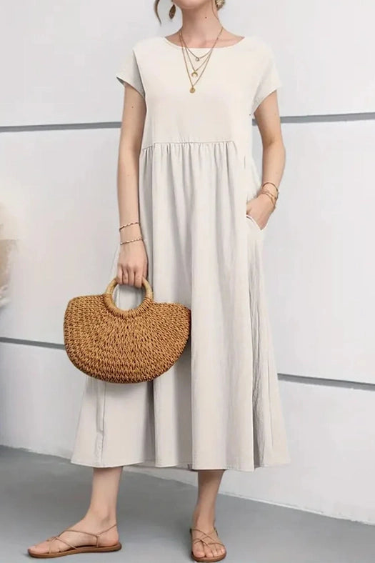 Cotton Linen Solid Short Sleeve Midi Dress White-Dress-Pertify-S-Urbanheer