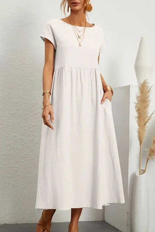Cotton Linen Solid Short Sleeve Midi Dress White-Dress-Pertify-S-Urbanheer