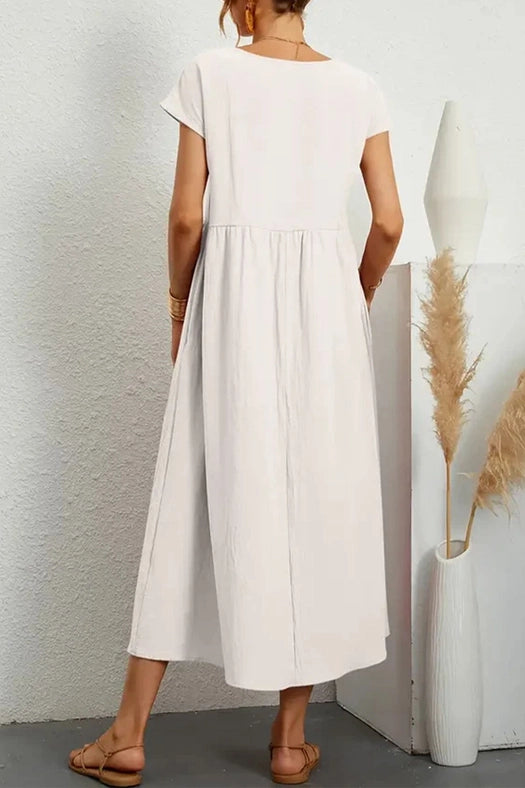 Cotton Linen Solid Short Sleeve Midi Dress White-Dress-Pertify-S-Urbanheer