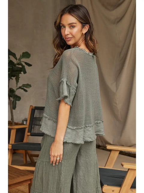 Cotton Mesh Grid Short Sleeve Top Army Green-Top-MILIO MILANO-XS-Army Green-Urbanheer