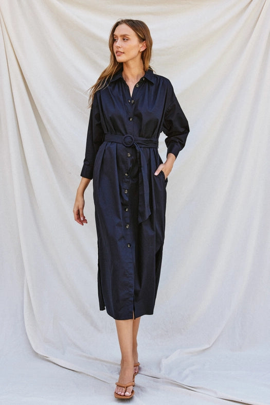 Cotton Poplin Buckled Belt Shirt Dress DARK NAVY-Dress-Dress Forum-S-Urbanheer