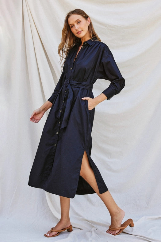Cotton Poplin Buckled Belt Shirt Dress DARK NAVY-Dress-Dress Forum-S-Urbanheer