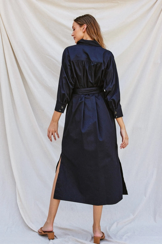 Cotton Poplin Buckled Belt Shirt Dress DARK NAVY-Dress-Dress Forum-S-Urbanheer