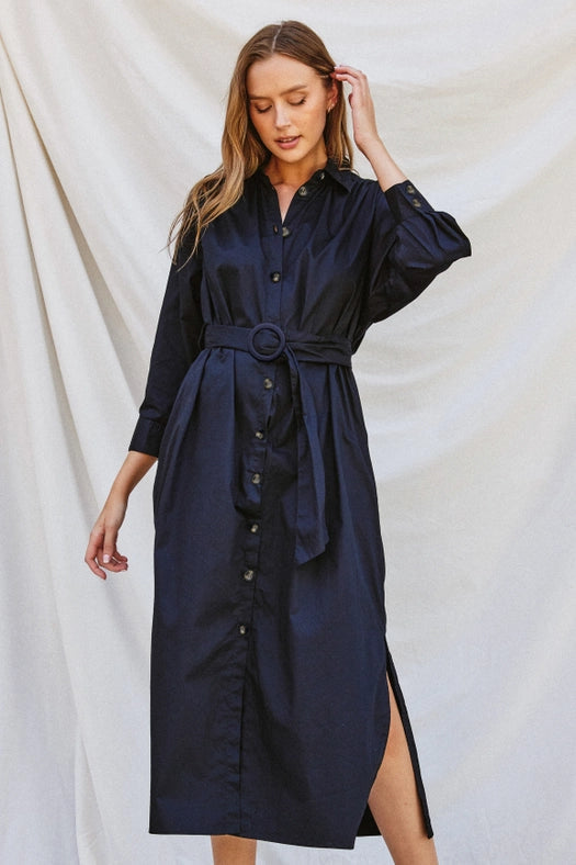 Cotton Poplin Buckled Belt Shirt Dress DARK NAVY-Dress-Dress Forum-S-Urbanheer
