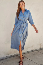 Cotton Poplin Buckled Belt Shirt Dress LT DENIM-Dress-Dress Forum-S-Urbanheer