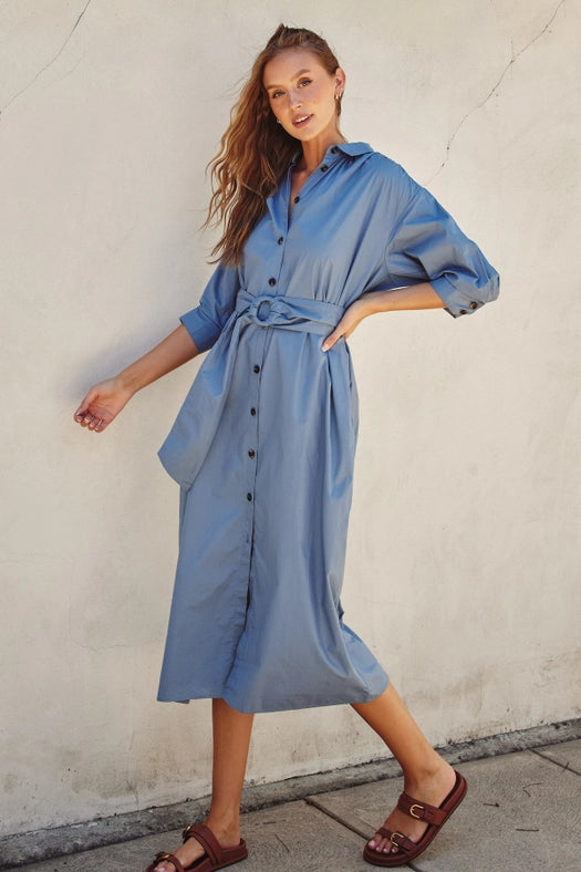 Cotton Poplin Buckled Belt Shirt Dress LT DENIM-Dress-Dress Forum-S-Urbanheer