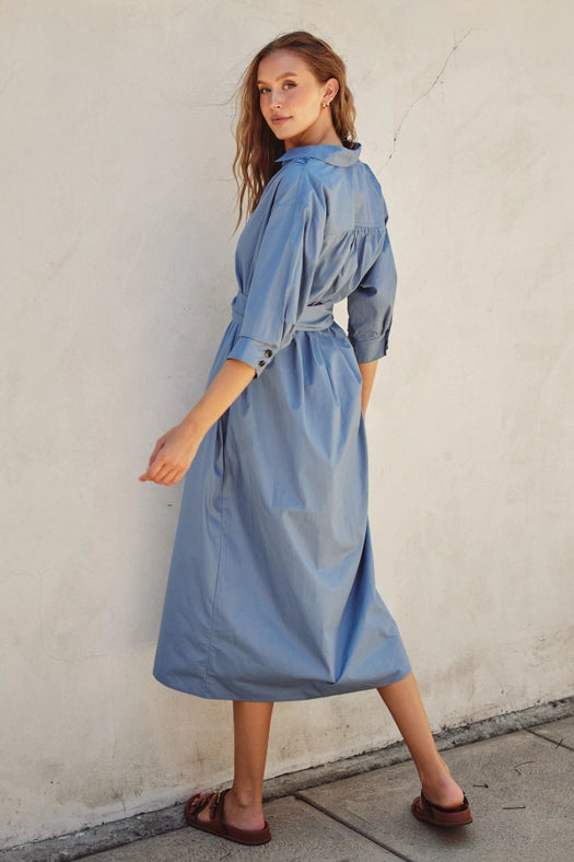 Cotton Poplin Buckled Belt Shirt Dress LT DENIM-Dress-Dress Forum-S-Urbanheer