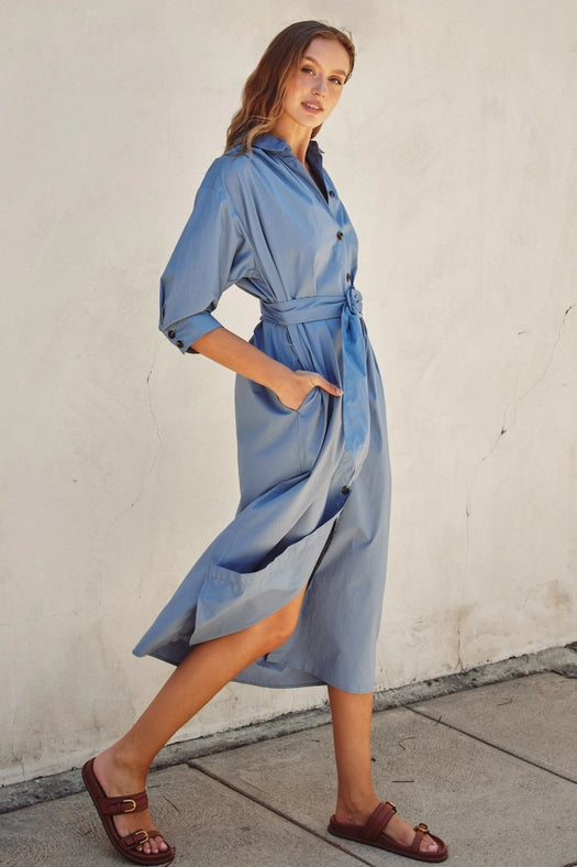 Cotton Poplin Buckled Belt Shirt Dress LT DENIM-Dress-Dress Forum-S-Urbanheer